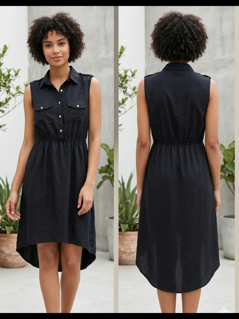 Bloom Black Sleeveless Collared High-Low Shirt Dress Sz L /2nd Button Missing